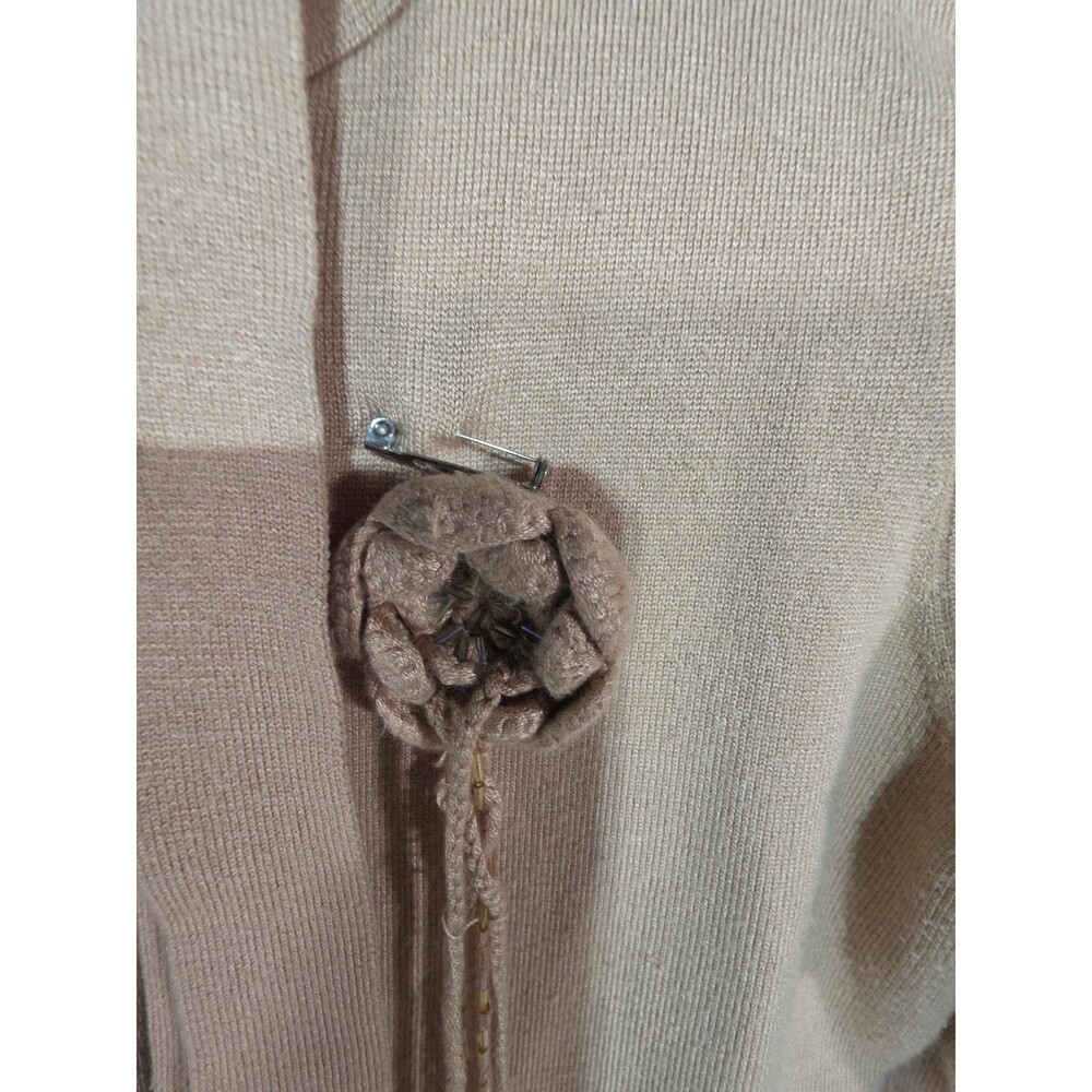 Bogari Silk Blend Cardigan Sweater Small Tan Rosette Tie Neck Button Front - Picture 10 of 10